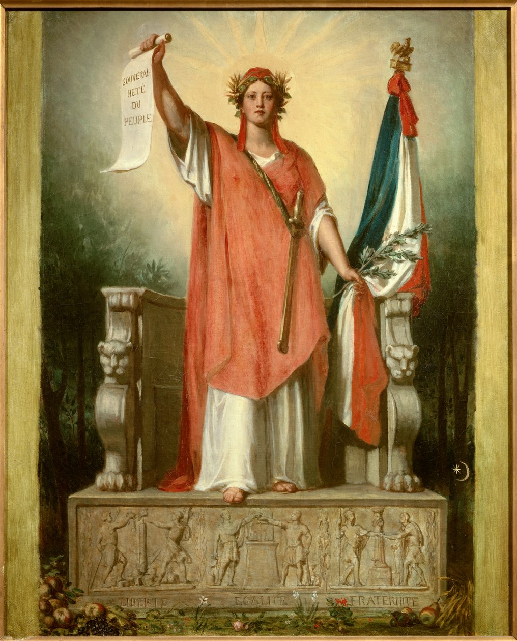 Republikken. Personificering af republikken (Marianne) med et pergament, hvorpå der er skrevet "folkets suverænitet"" og det trefarvede flag. Maleri af Sebastien Cornu (1804-1870) af Sebastien Melchior Cornu