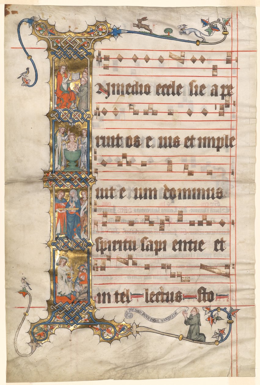 Blad fra Wettinger Gradual: Historieret initial (I) med scener fra St. Augustins liv af Second Master of the Wettinger Gradual