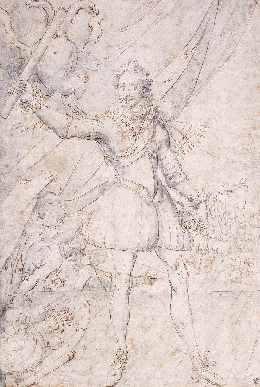 Kong Henrik IV, i fuld længde, et trofæ af de osmanniske arme ved hans fødder, hæver en rulle foran en ørn (sort kridt, pen og brunt blæk med blå vask) af Second School of Fountainebleau