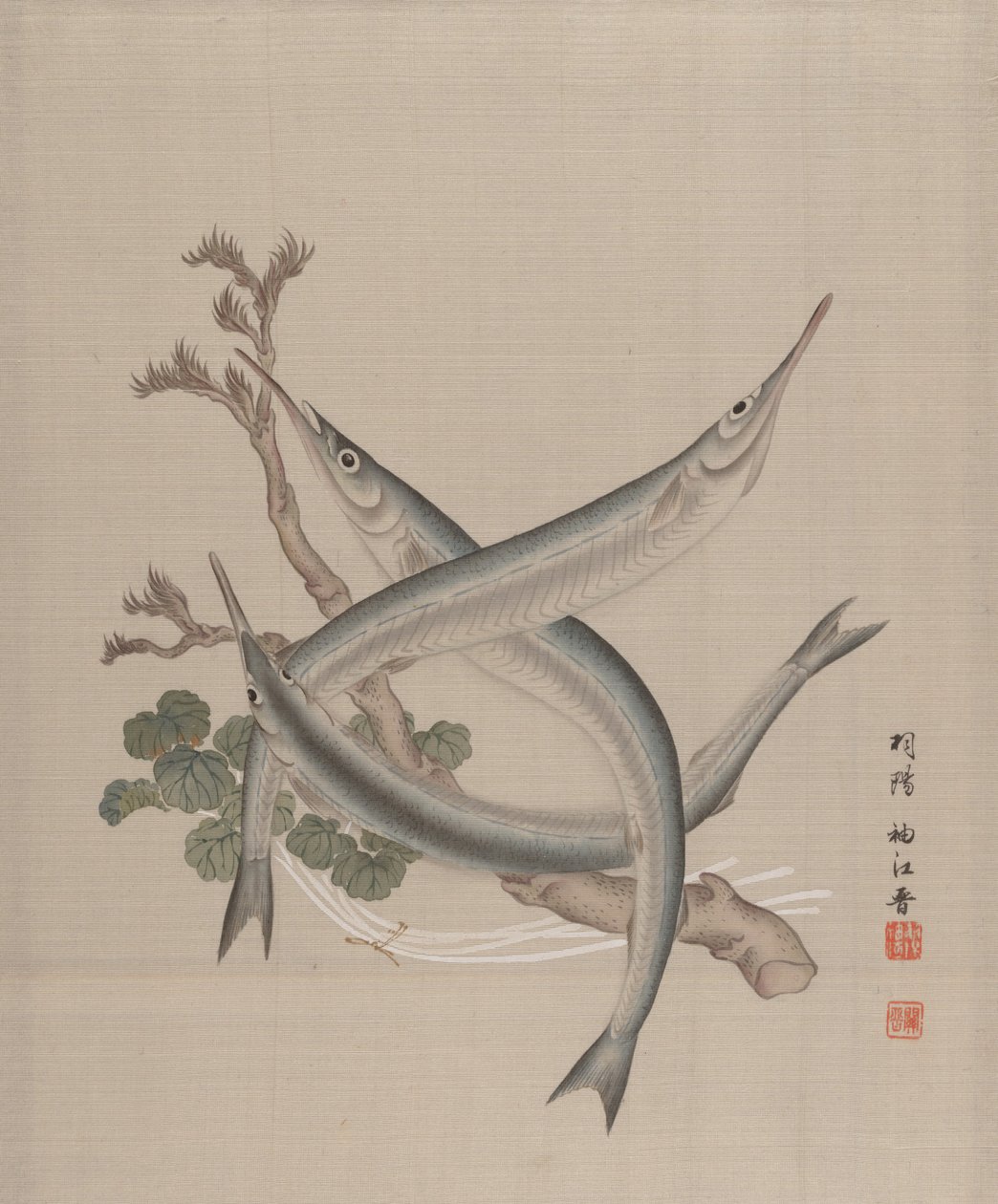 Tre fisk og en gren, ca. 1890-92. af Seki Shuko