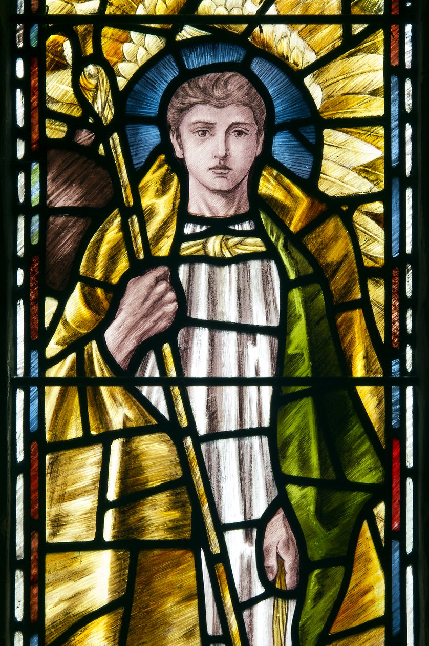 Mortehoe, St Mary, Heaton Butler & Bayne, Selwyn Image, Archangel St Raphael detalje, ca. 1890 af Selwyn Image Selwyn Image