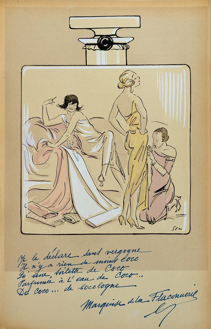 Karikatur af Coco Chanel (1883-1971) i en flaske Chanel nr. 5, fra 