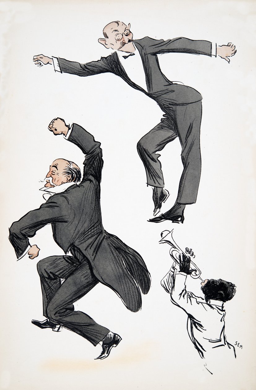 Ældre herre i frakke og yngre herre i sort slips danser til en musiker, der spiller trompet, fra White Bottoms, pub. 1927 (farvebloktryk) af Sem