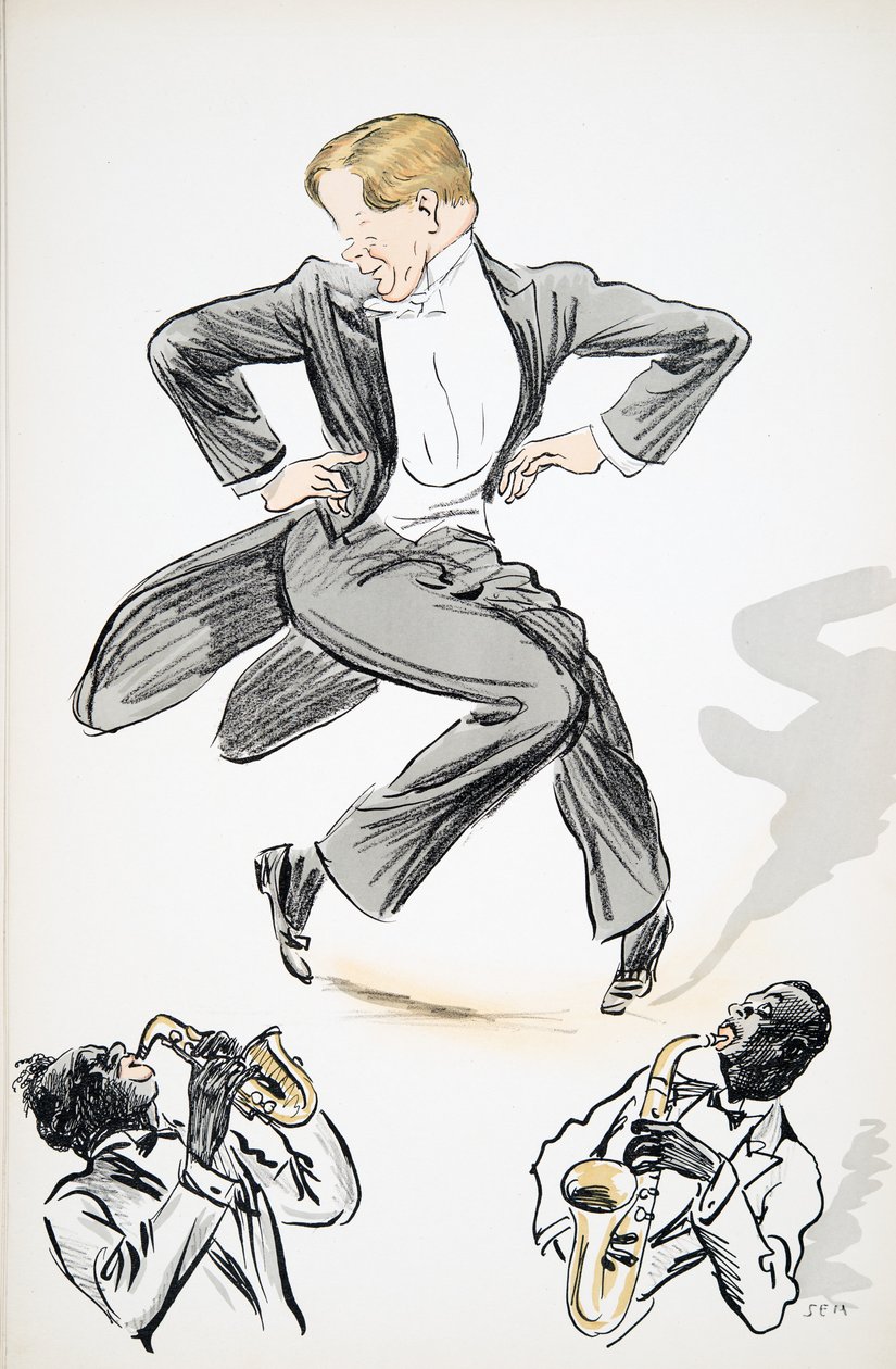 Herre i spidskjole og hvidt slips danser til to musikere, der spiller saxofon, fra White Bottoms, pub. 1927 (farvebloktryk) af Sem