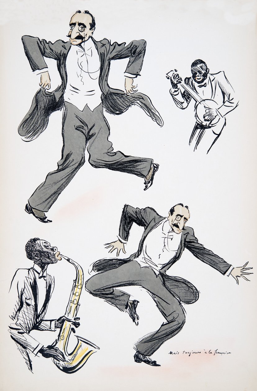 Herre i hvidt slips og halterneck danser, mens to musikere spiller saxofon og banjo, fra White Bottoms, pub. 1927 (farvebloktryk) af Sem