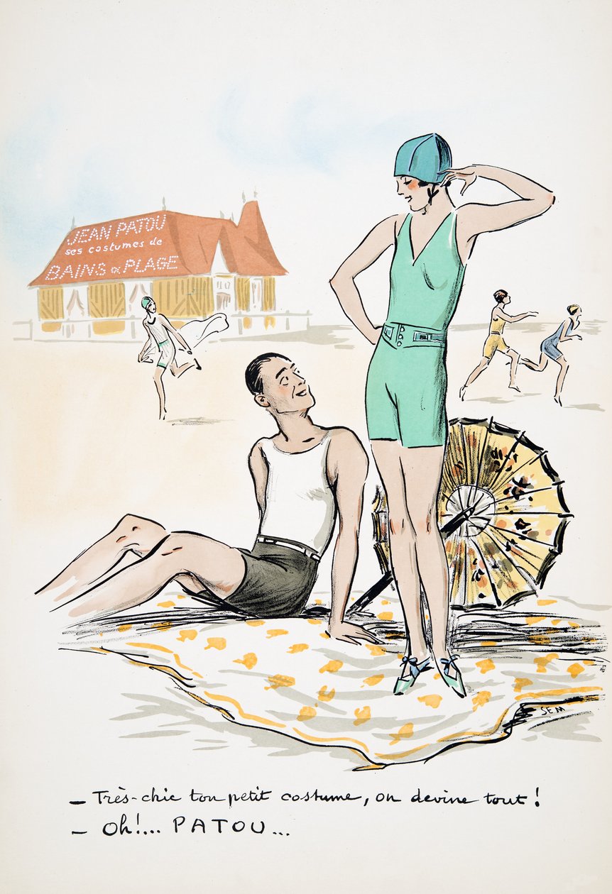 Jean Patous Bains ou Plage-kostumer, fra White Bottoms, udgivet af Jean Patou. 1927 (farvebloktryk) af Sem