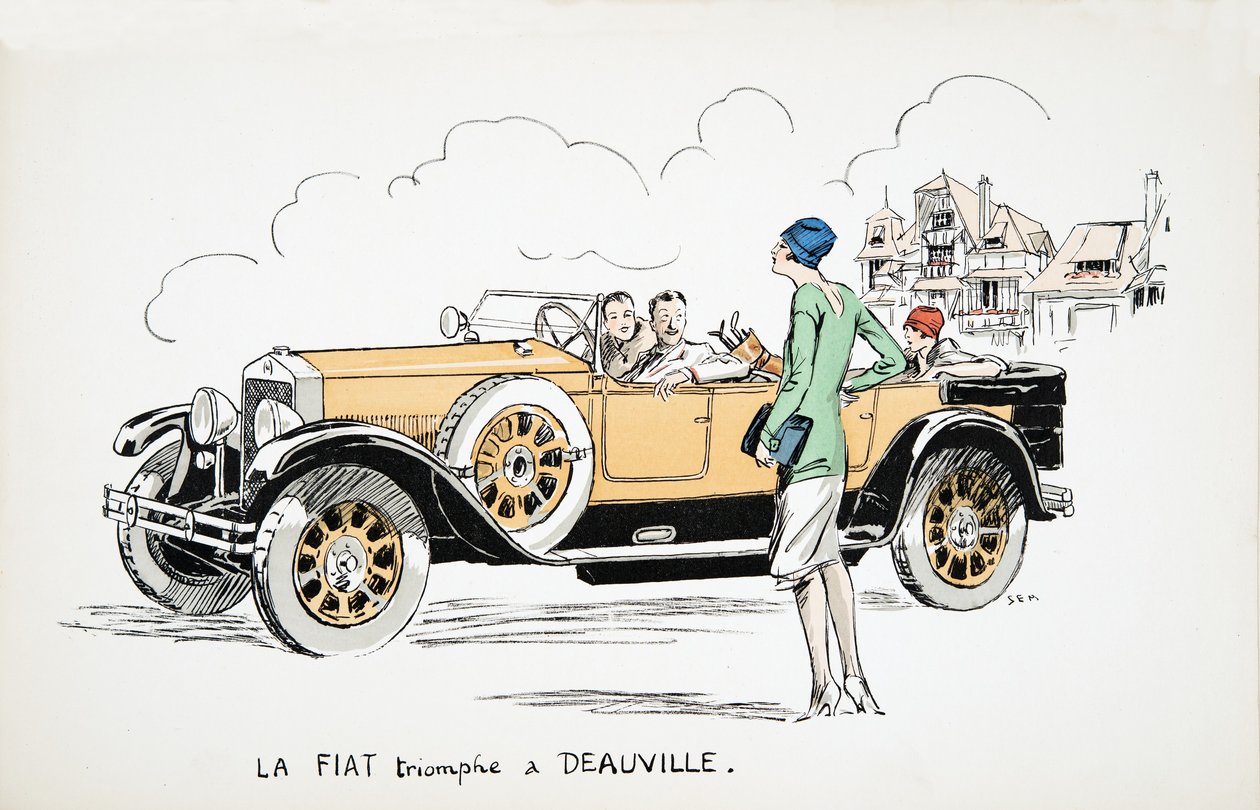 La Fiat triomphe a Deauville, fra White Bottoms, pub. 1927 (farvebloktryk) af Sem