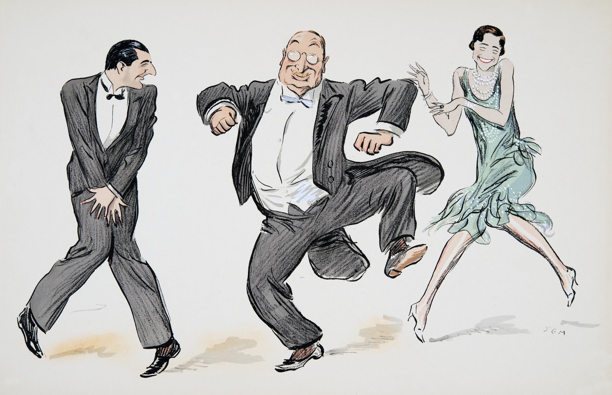 En herre i sort slips, en anden herre i hvidt slips og halterneck og en kvinde i lysegrøn flapper-kjole og perler danser Charleston fra White Bottoms, pub. 1927 (farvebloktryk) af Sem