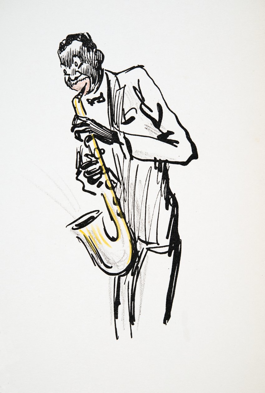 Saxofonist, fra White Bottoms, pub. 1927 (farvebloktryk) af Sem
