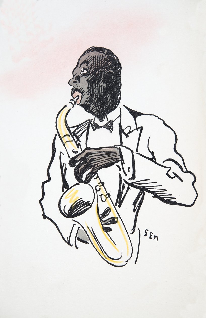 Saxofonist, fra White Bottoms, pub. 1927 (farvebloktryk) af Sem