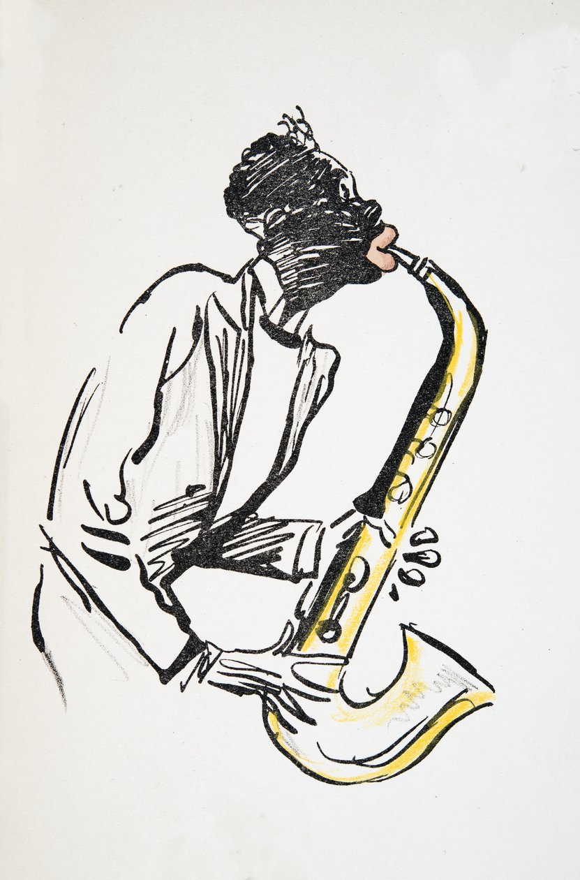 Saxofonist, fra White Bottoms, pub. 1927 (farvebloktryk) af Sem