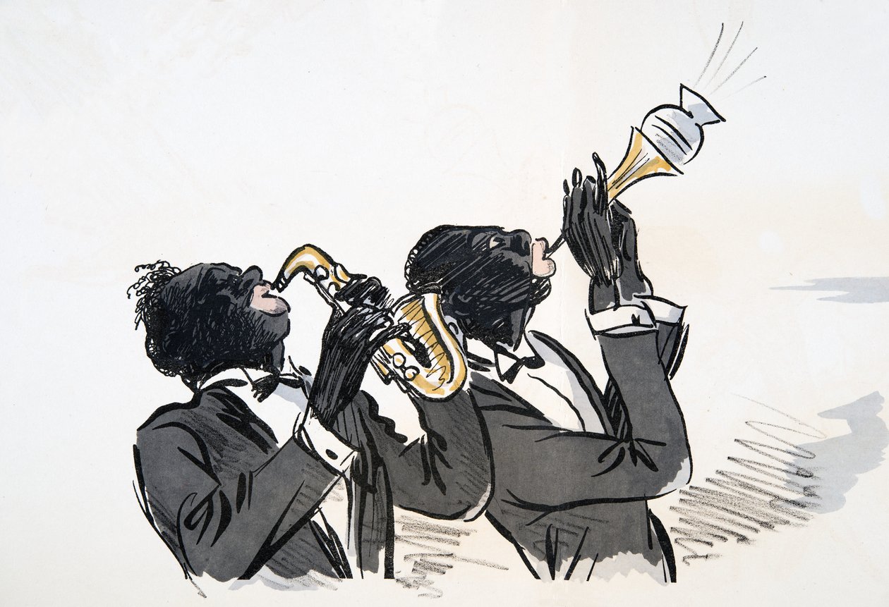 Saxofon- og trompetspiller, fra White Bottoms, pub. 1927 (farvebloktryk) af Sem