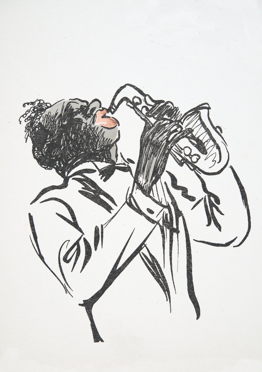Saxofonist, fra White Bottoms, pub. 1927 (farvebloktryk) af Sem