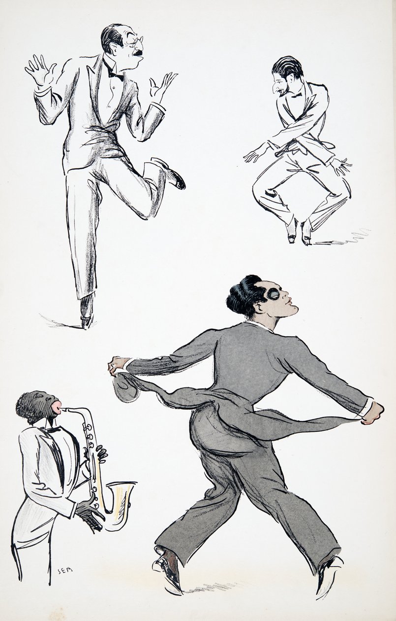 Tre herrer i sort slips udfører bevægelser fra Charleston til en saxofon, fra White Bottoms, pub. 1927 (farveblokprint), fra White Bottoms, pub. 1927 (farveblokprint) af Sem