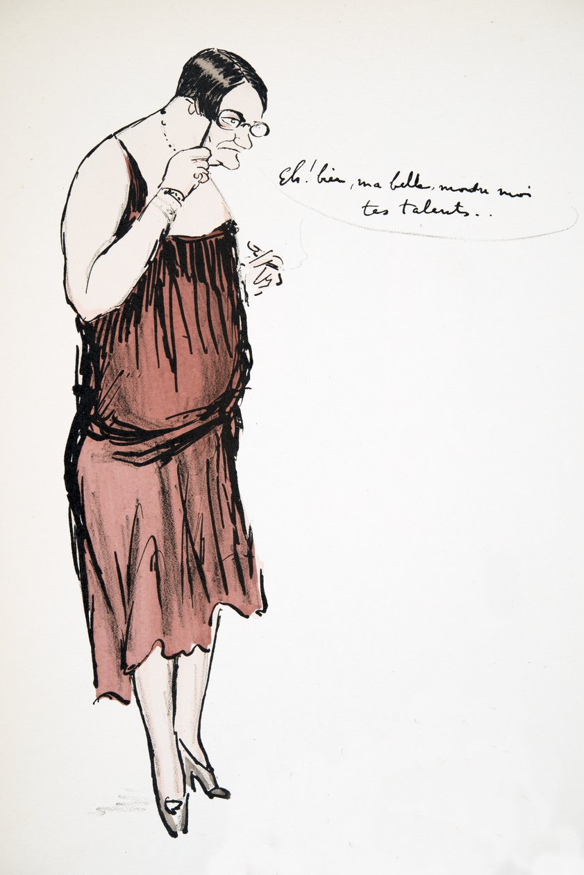 Transvestit i rød kjole med pince-nez, fra White Bottoms, pub. 1927 (farvebloktryk) af Sem