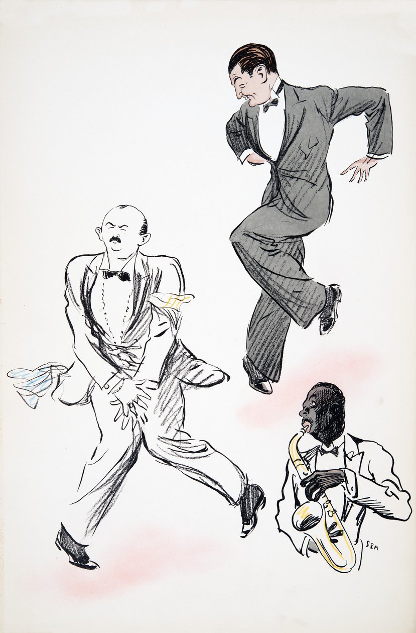 To herrer i sort slips danser til jazz, spillet af en musiker på saxofon, fra White Bottoms, pub. 1927 (farvebloktryk) af Sem