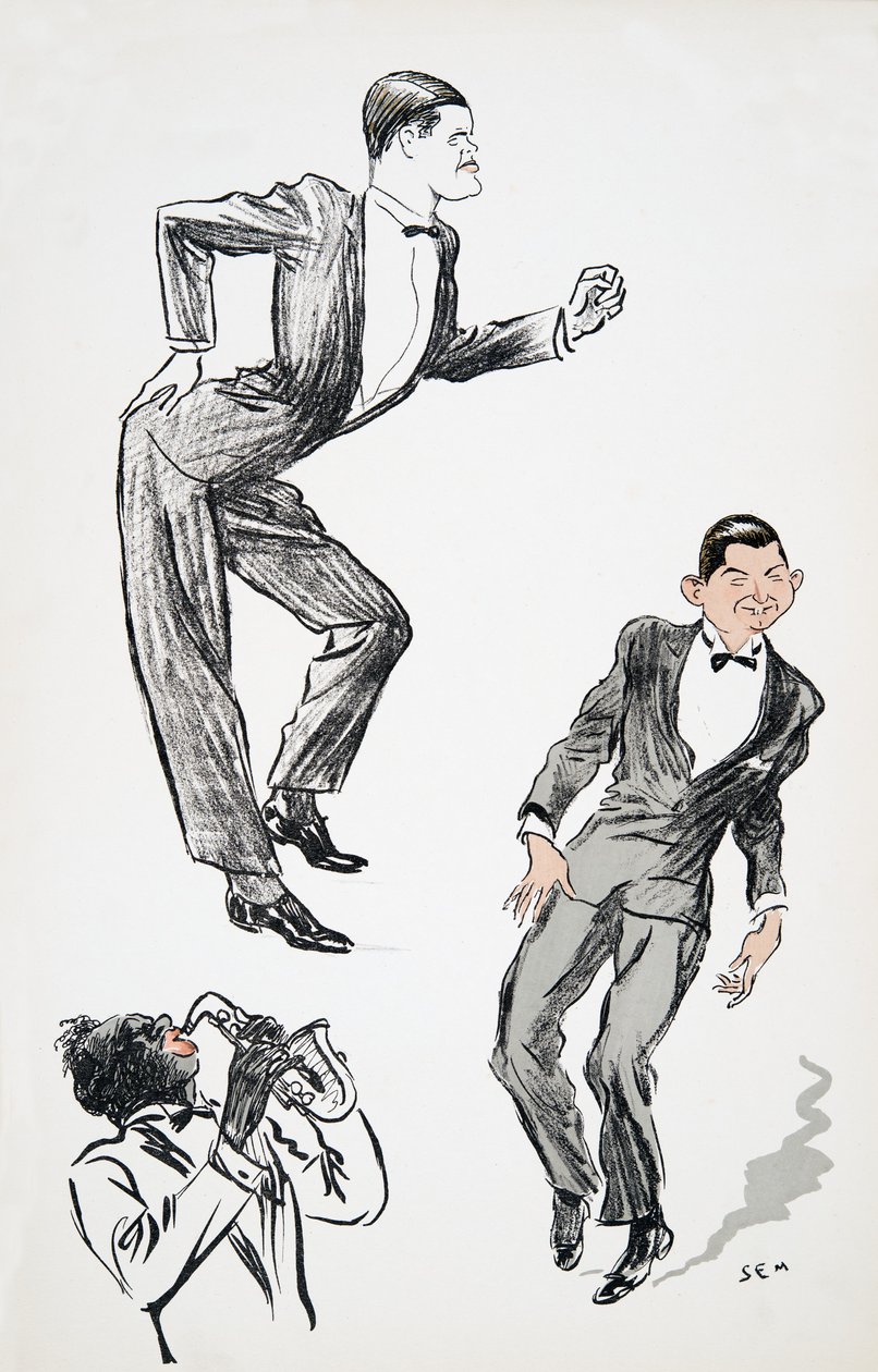 To mænd i sort slips danser til en musiker på saxofon, fra White Bottoms, pub. 1927 (farvebloktryk) af Sem