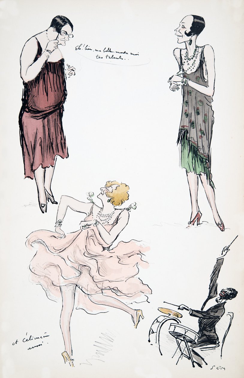 To transvestitter i diskussion, mens en anden danser til en musiker på trommer, fra White Bottoms, pub. 1927 (farvebloktryk) af Sem