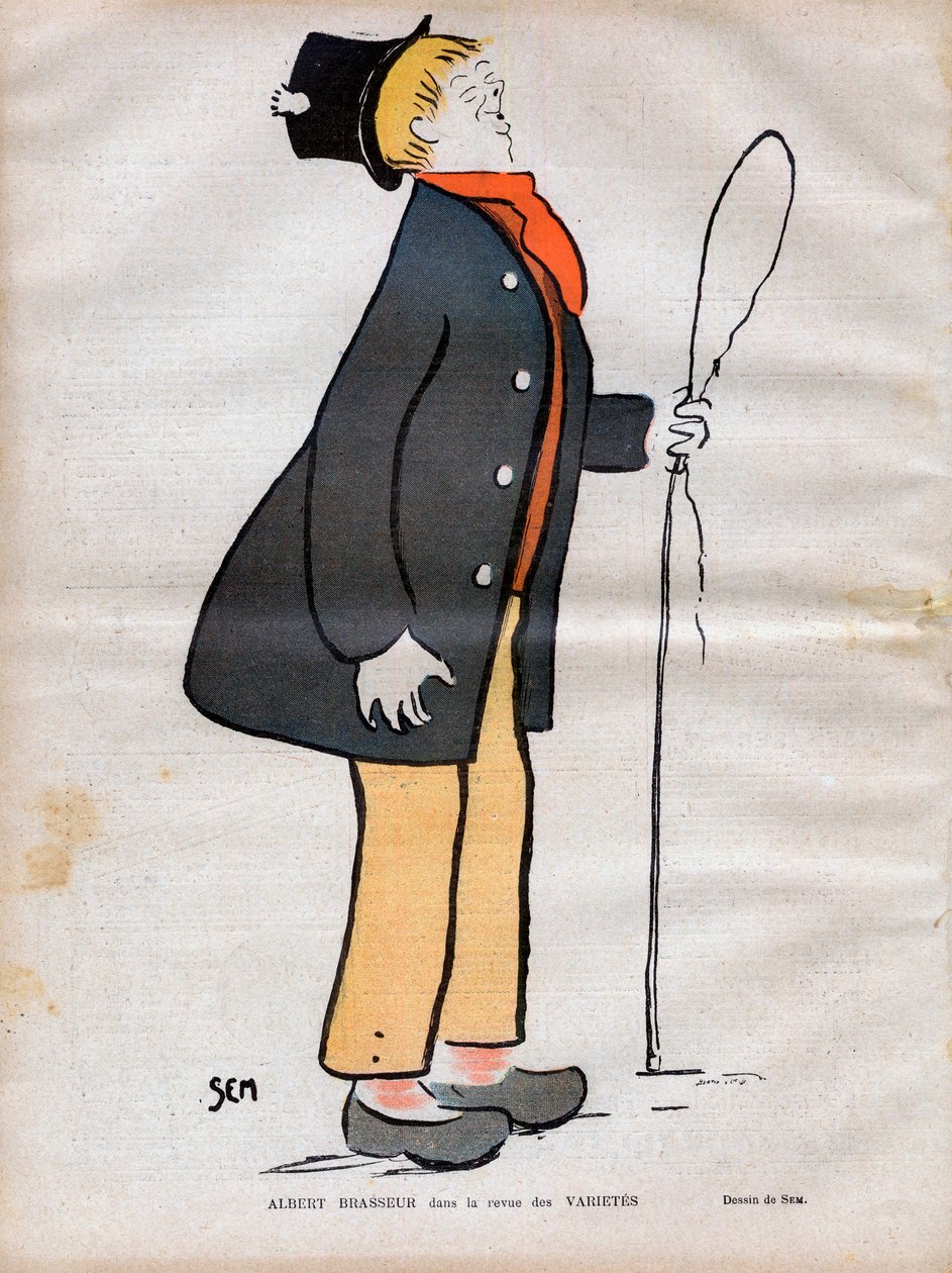 Albert Jules Dumont (1862-1932) dit Albert Brasseur, skuespiller for boulevardteater og operette i tidsskriftet Varietes - Caricature af SEM (Georges Goursat) (1863-1934) i "" Le rire de 1902 - af Sem