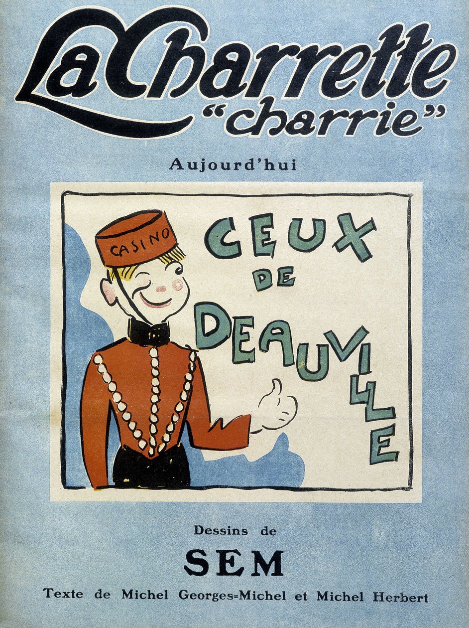 Deauville casino dealer, illustration af Sem til forsiden af månedsmagasinet "" La charrette charrie""" (1922). af Sem