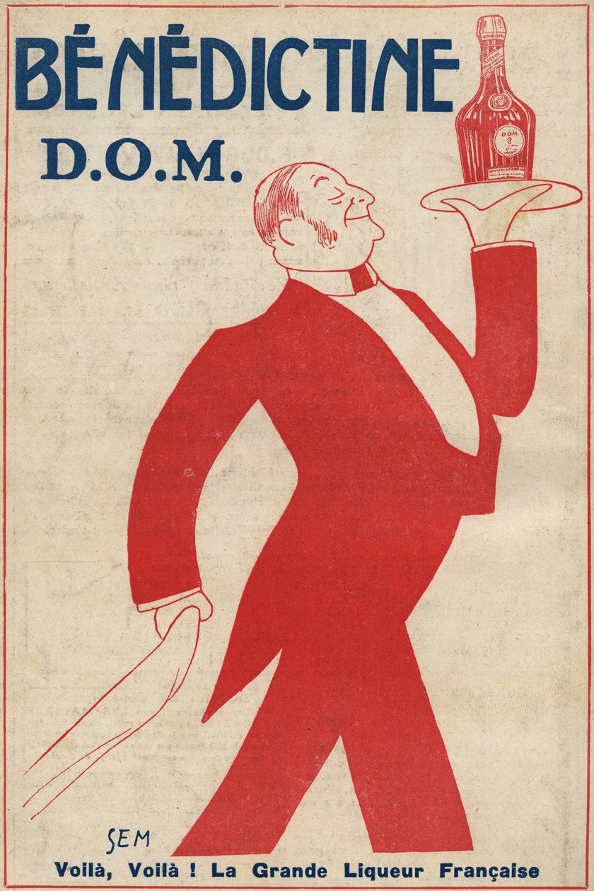 Reklame for fordøjelsessystemet (likør) "" Benedictine"" (D.O.M.) En kaffedreng bærer en flaske på en bakke. Tegning af Sem (1873-1932). 1911. af Sem
