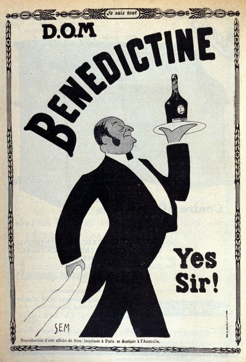Reklame for fordøjelseskanalen "" benediktiner"" En kaffedreng bærer en flaske på en bakke. Tegning af Sem (1873-1932). 1910 af Sem
