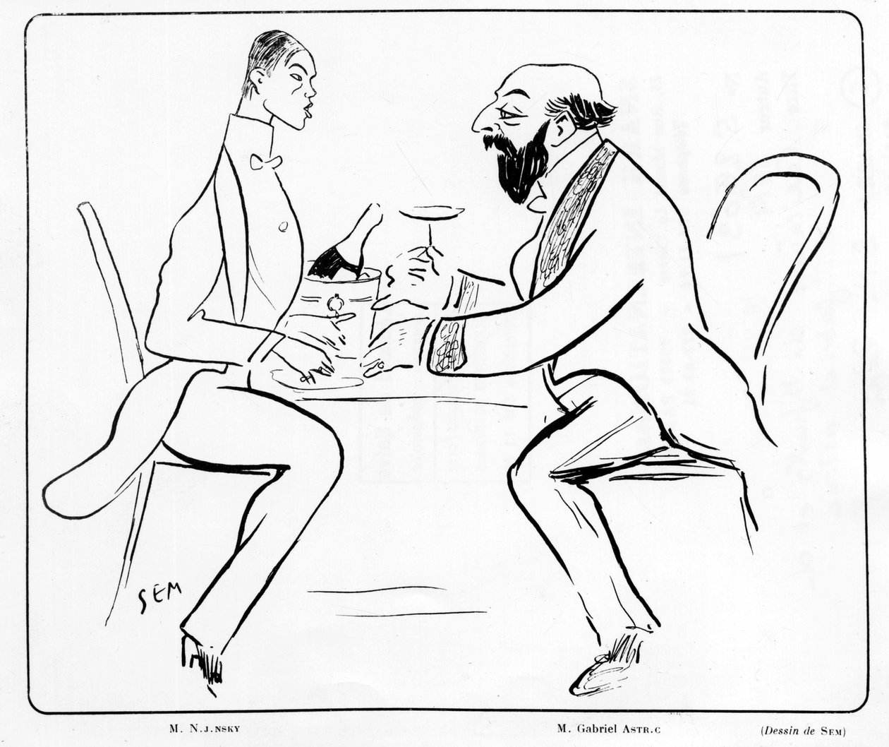 Tegneserie af Nijuisky og Gabriel Astri på en café, tegning af Sem (1863 - 1934). af Sem