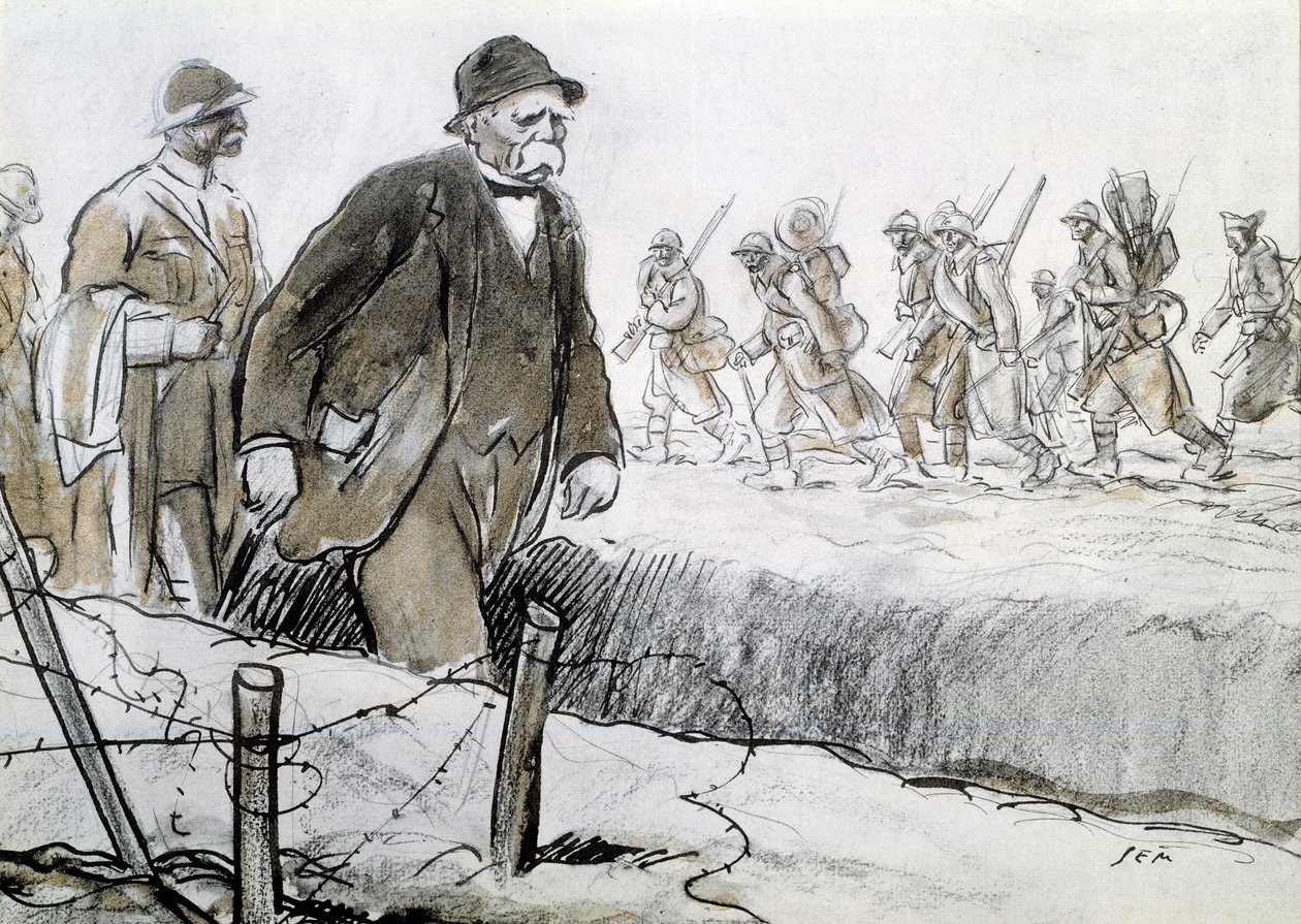 Første Verdenskrig: Portræt af Clemenceau (1841-1929) i et hylster på besøg ved fronten. Tegning af Georges Goursat dit Sem (1863-1934) af Sem