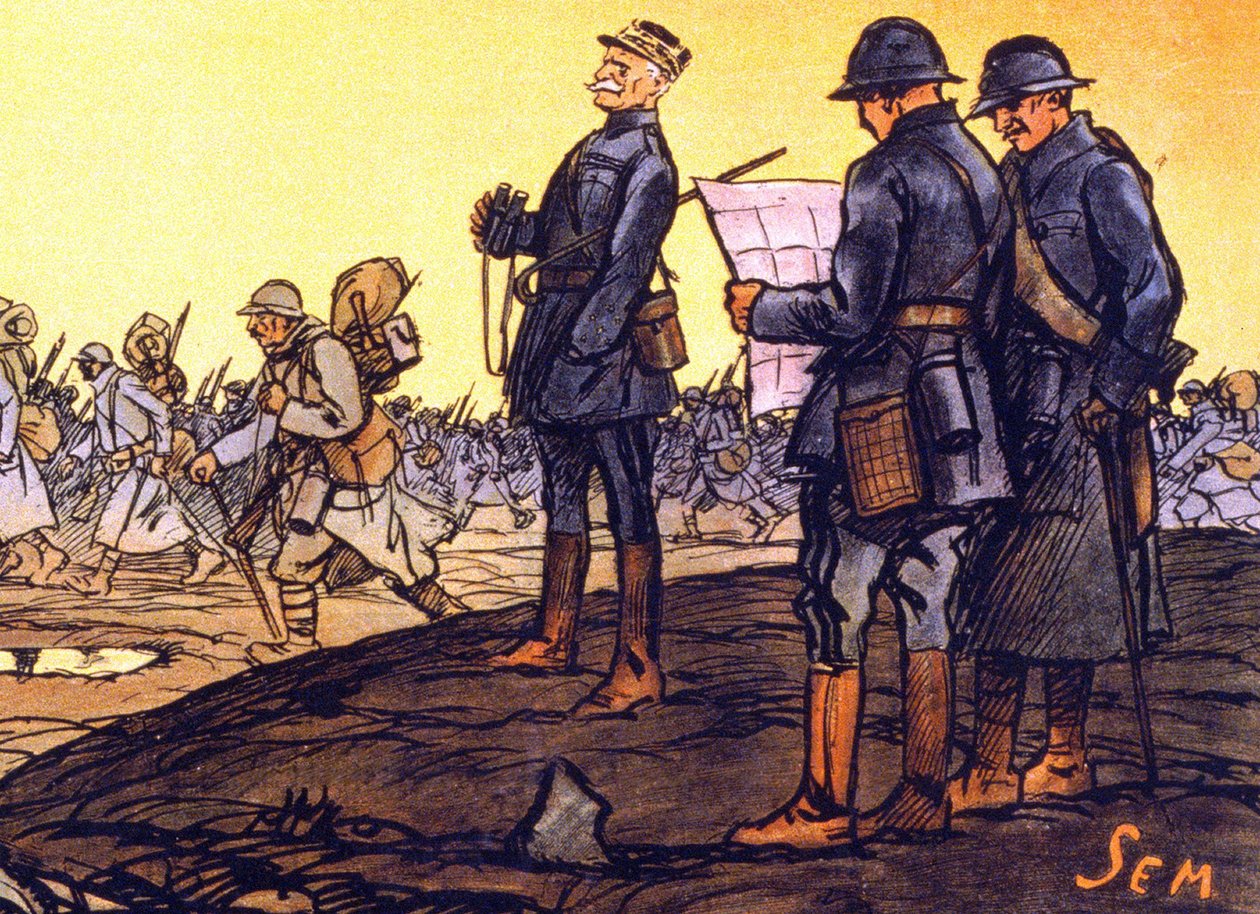 General Ferdinand Foch (1851 - 1929) ser sine tropper marchere gennem slagmarken. Detalje af en plakat til det nationale lån “” I det sidste kvarter.. hjælp mig! Landslånstegninger modtages af Sem af Sem