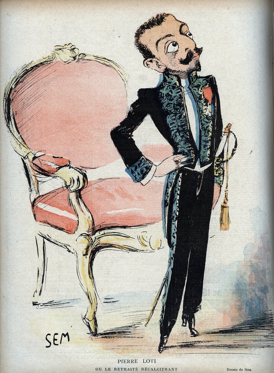 Pierre Loti (1850-1923) eller det genstridige tilbagetog - (i grøn kjole fra det franske akademi) - Karikatur af SEM (Georges Goursat) (1863-1934) i "" Le rire de 1898 - af Sem