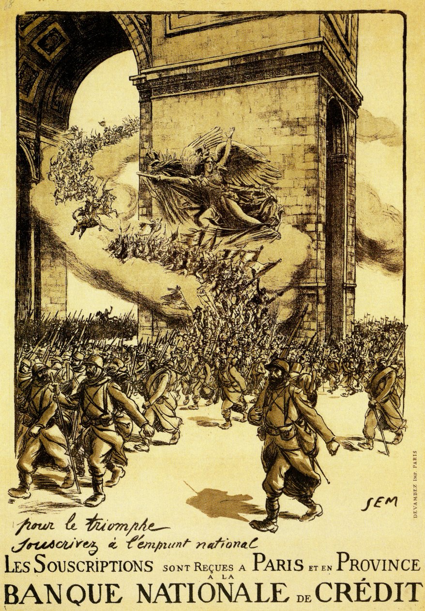 Politisk plakat. Frankrig. 1917. I triumfens navn, hold fast i det nationale lån. af Sem (1863 1934)