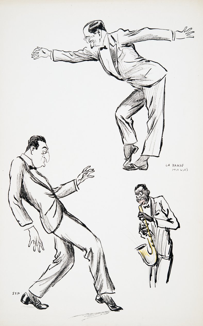 To herrer i sort slips udfører La Danse Havas til saxofon, fra White Bottoms, pub. 1927 (farveblokprint), fra White Bottoms, pub. 1927 (farveblokprint) af Sem