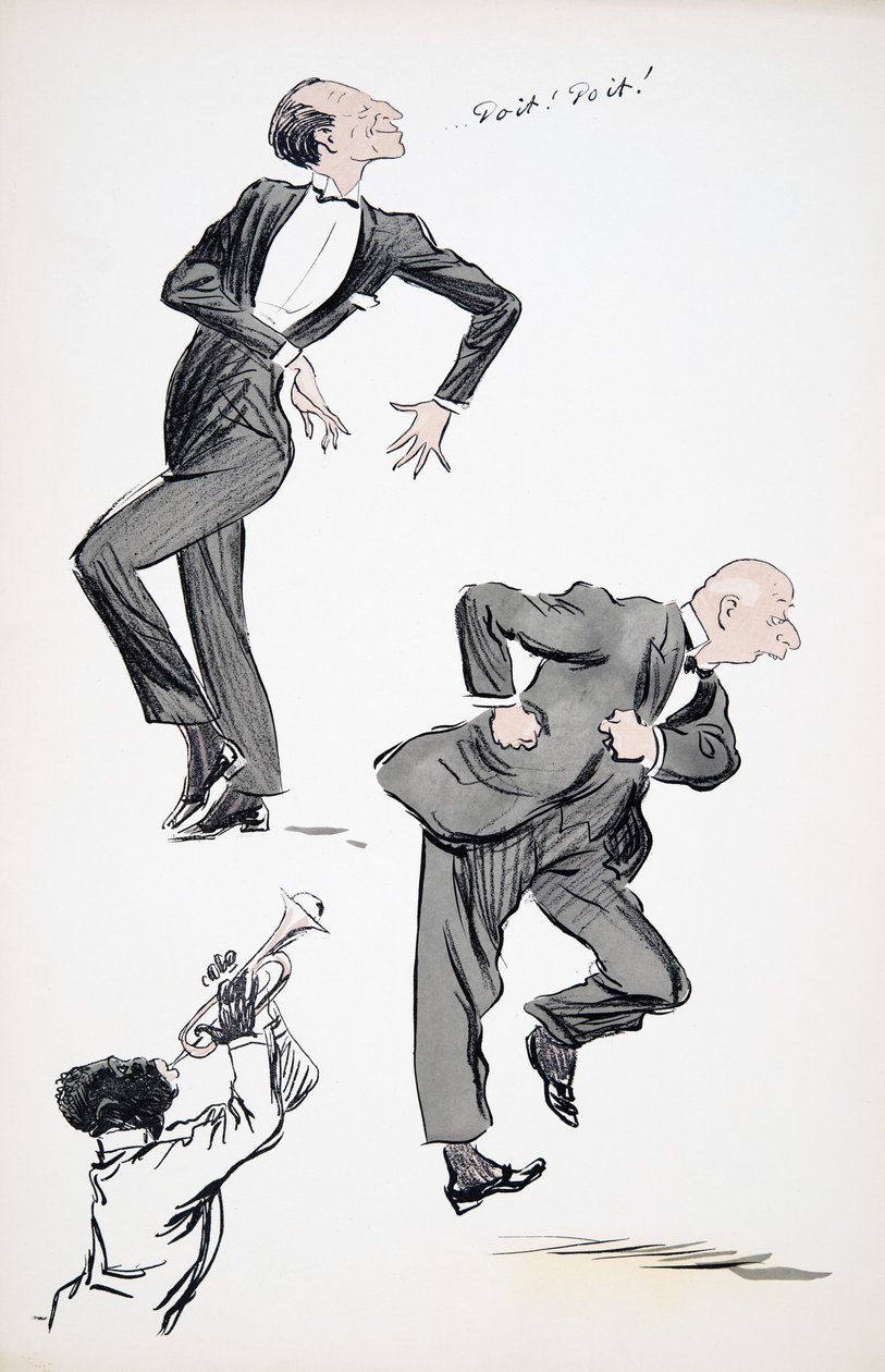 To mænd i jakkesæt danser, mens en musiker spiller på trompet, fra White Bottoms, pub. 1927 (farvebloktryk) af Sem