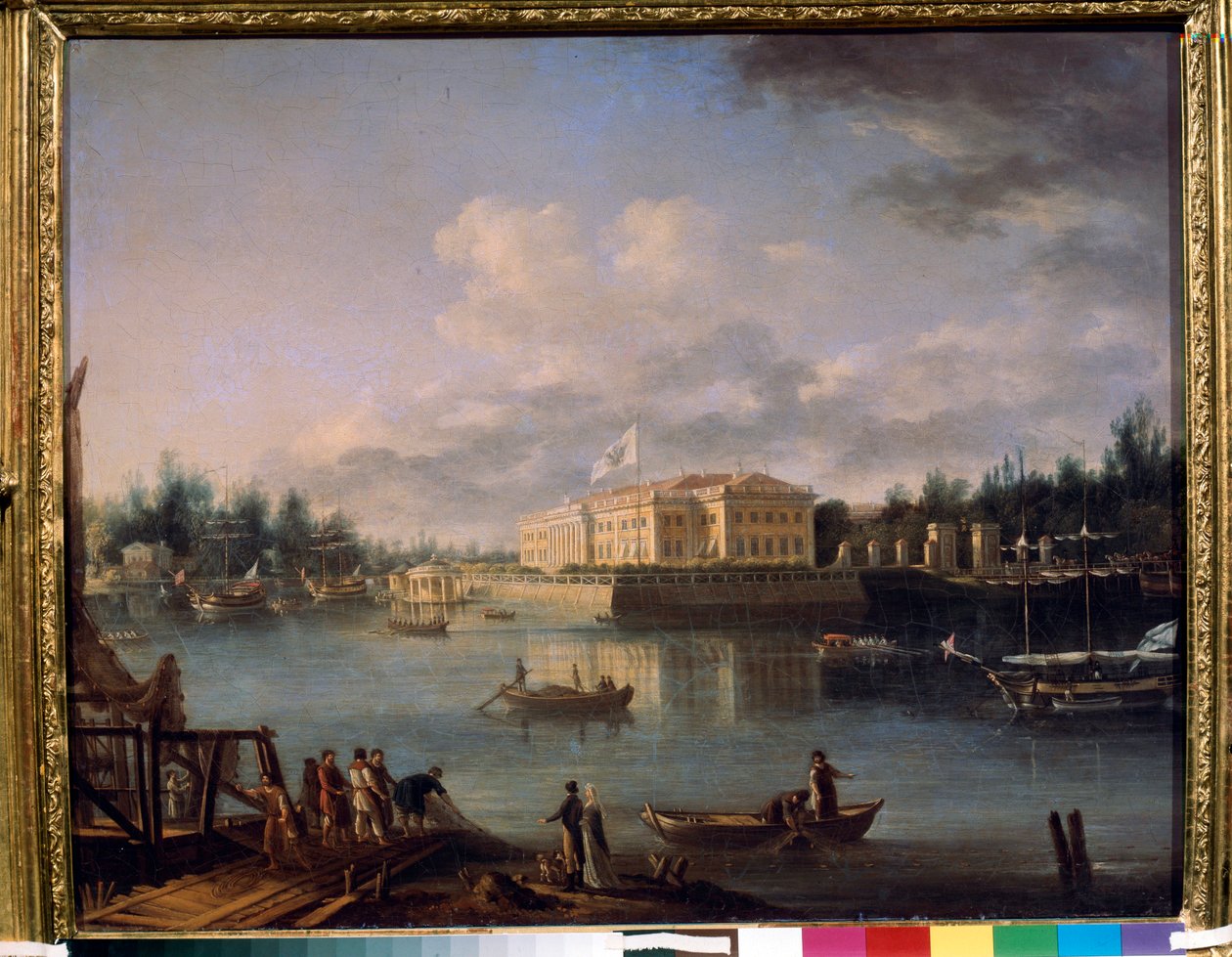 Udsigt over Kamennoostrovsky Palace fra Strogonov Embankment, Sankt Petersborg. Maleri af Semyon Fyodorovich Shchedrin (Semion Shchedrin) (1745-1804), olie på lærred af Semen Fedorovich Shchedrin