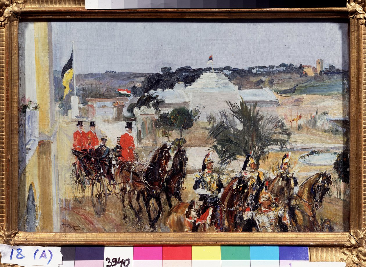 Victor Emmanuel III af Savoyen (Vittorio Emanuele di Savoia) (1869-1947), konge af Italien, besøger Roms internationale udstilling i 1911. (Victor Emmanuel III, konge af Italien besøger Roms internationale udstilling i 1911). Den kongelige konvoj foran af Semen Gavriilovich Nikiforov