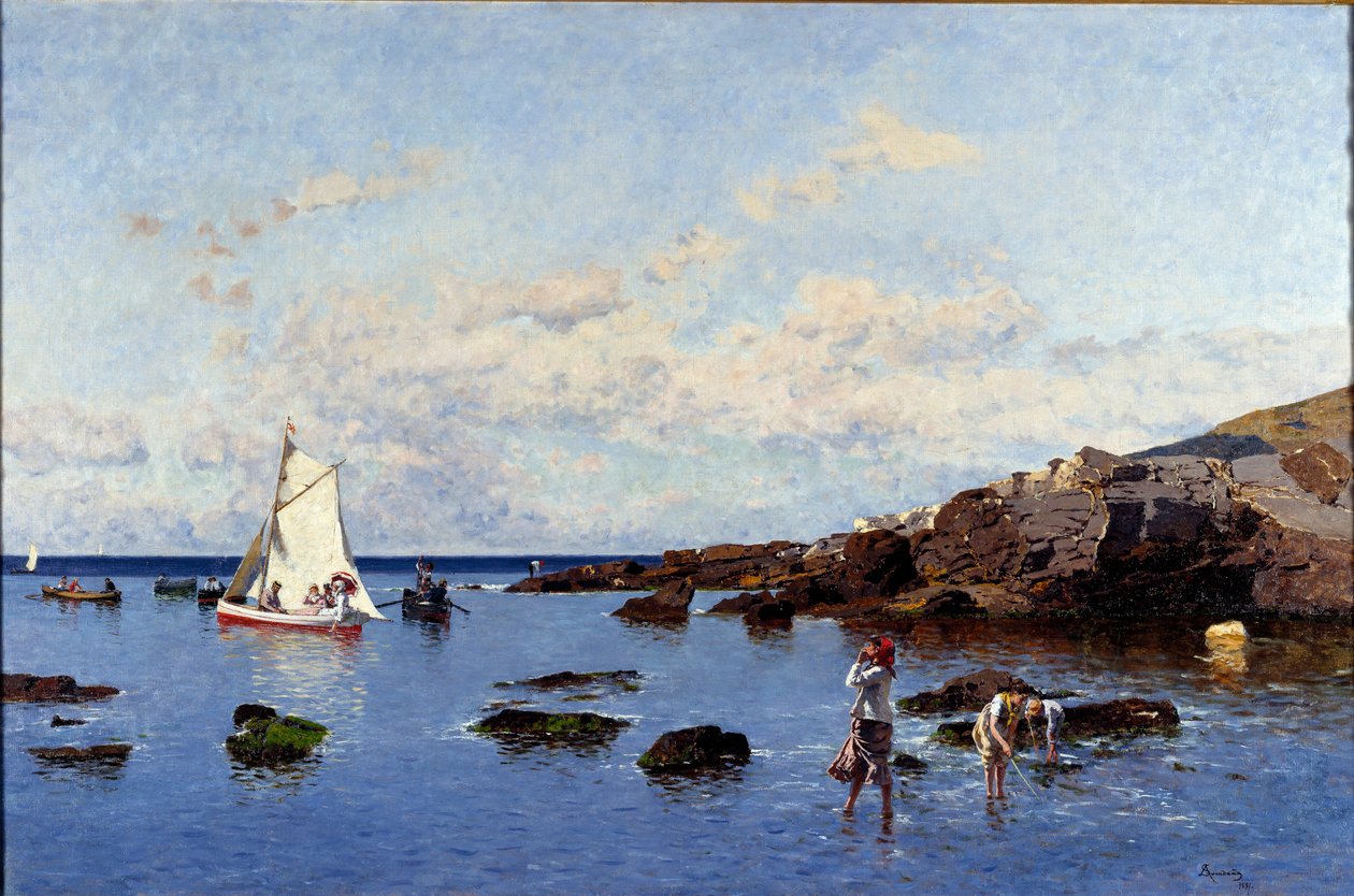 Strandudsigt nær Genes, Italien (Udsigt over rivieraen, Genova, Italien) Maleri af Serafin Avendano Martinez (ca. 1838-1916) 1881 Dim 85x132 cm Genes, Galleria d