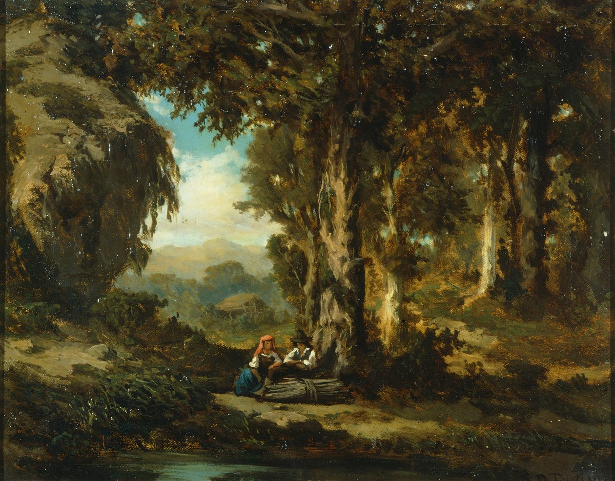 Figurer i træ, af Serafino De Tivoli (1826-1892), olie på lærred, 30x38 cm, Barbizon Skole af Serafino de Tivoli