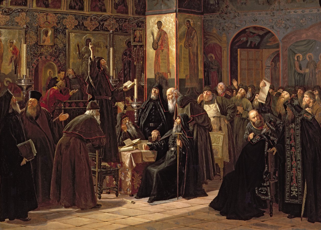 Solovetsy-klosterets oprør mod de nye bøger i 1666, 1885 af Sergei Dmitrievich Miloradovich