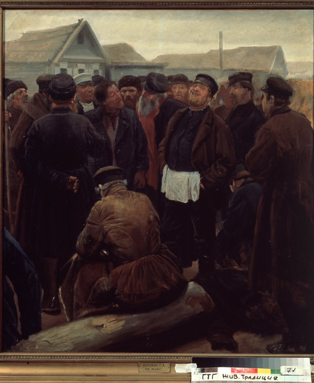 Mød landdistrikterne. (På Landsfællesskabsmødet). Gruppe af russiske bønder foran gårde. Værk af Sergei Alexeyevich Korovin (1858-1908), olie på papir af Sergei Alexeyevich Korovin