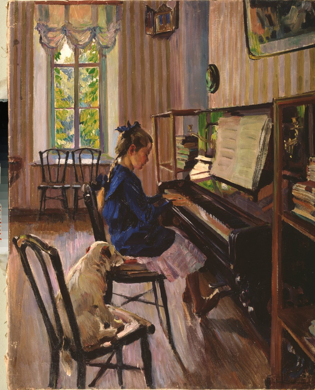 At the Piano - Maleri af Sergei Arsenyevich Vinogradov (1869-1938), olie på lærred af Sergei Arsenevich Vinogradov