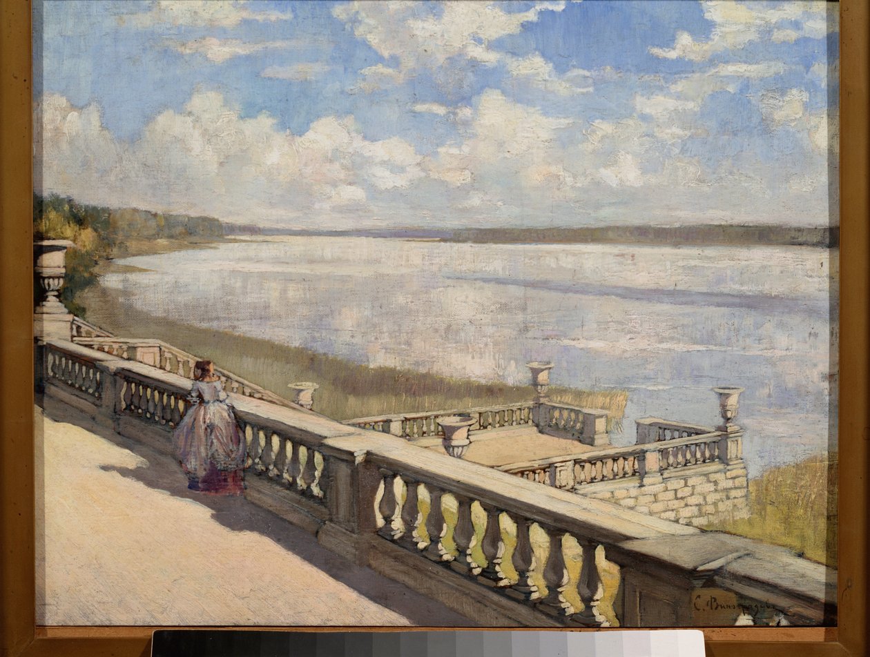 Sunny Day, A Lady At The Balustrade - Maleri af Sergei Arsenyevich Vinogradov (1869-1938), olie på lærred af Sergei Arsenevich Vinogradov