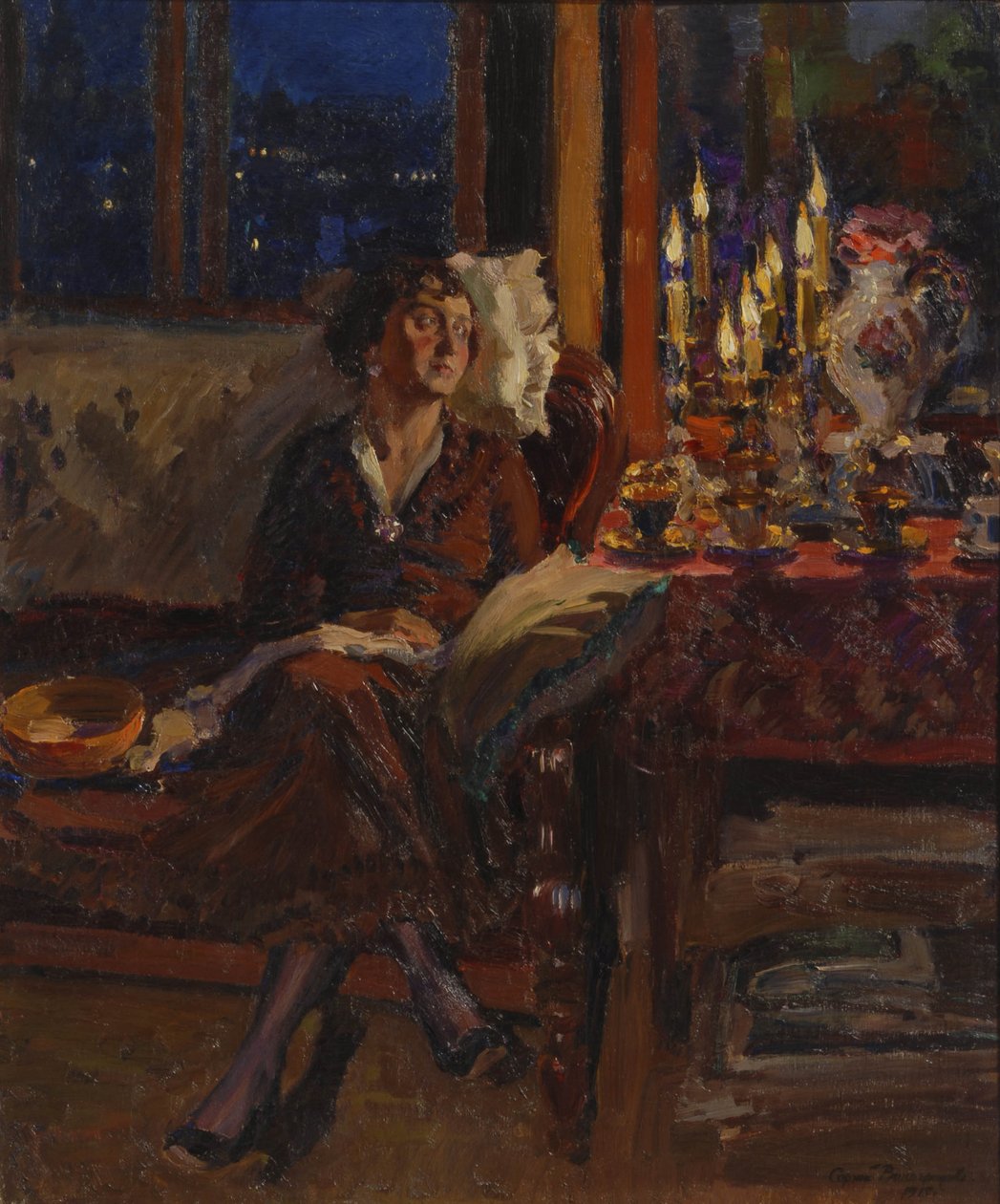 Dame med bog i et interiør, 1917 af Sergei Arsenevich Vinogradov