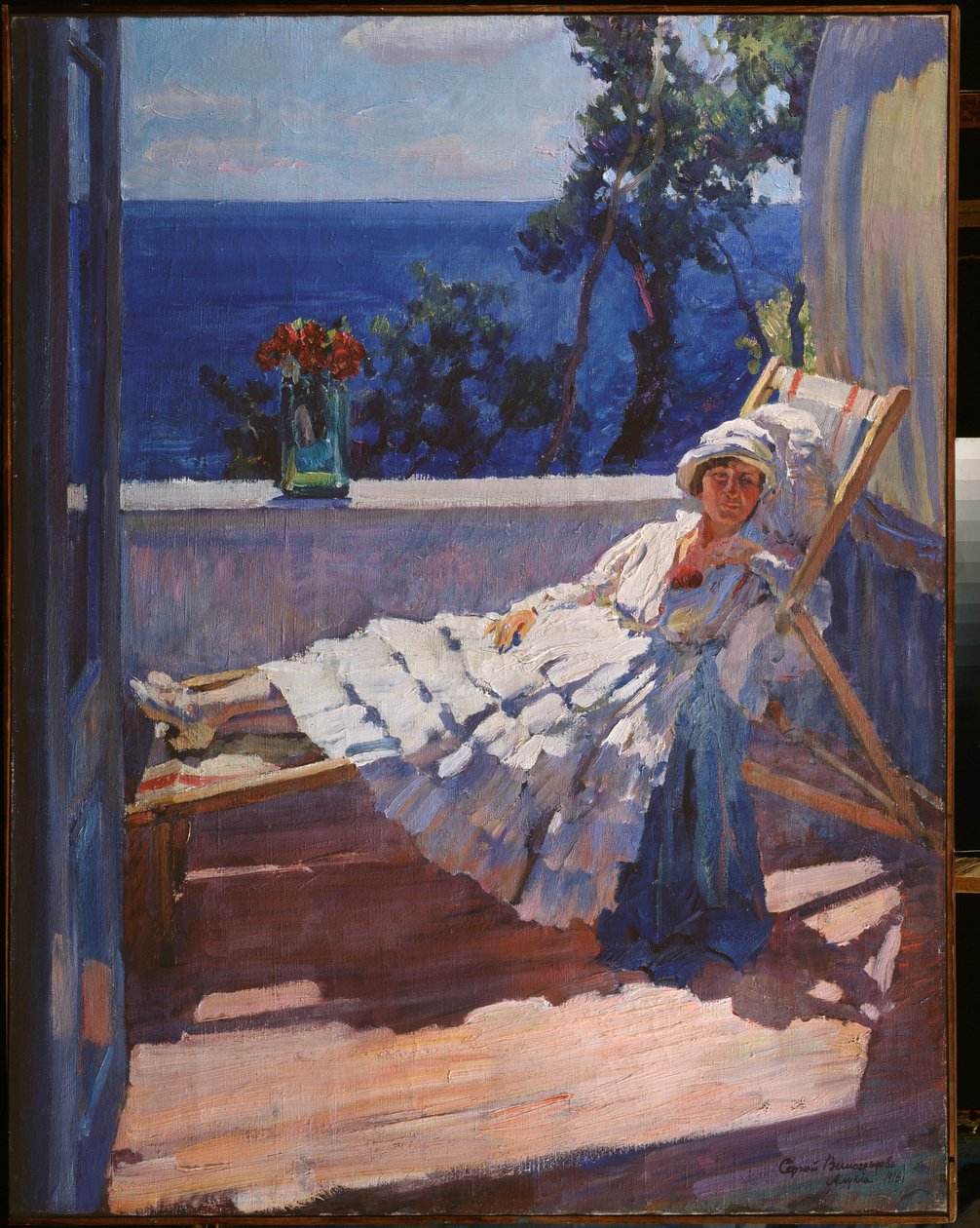 En dame på balkonen - Maleri af Sergei Arsenyevich Vinogradov (1869-1938), olie på lærred af Sergei Arsenevich Vinogradov