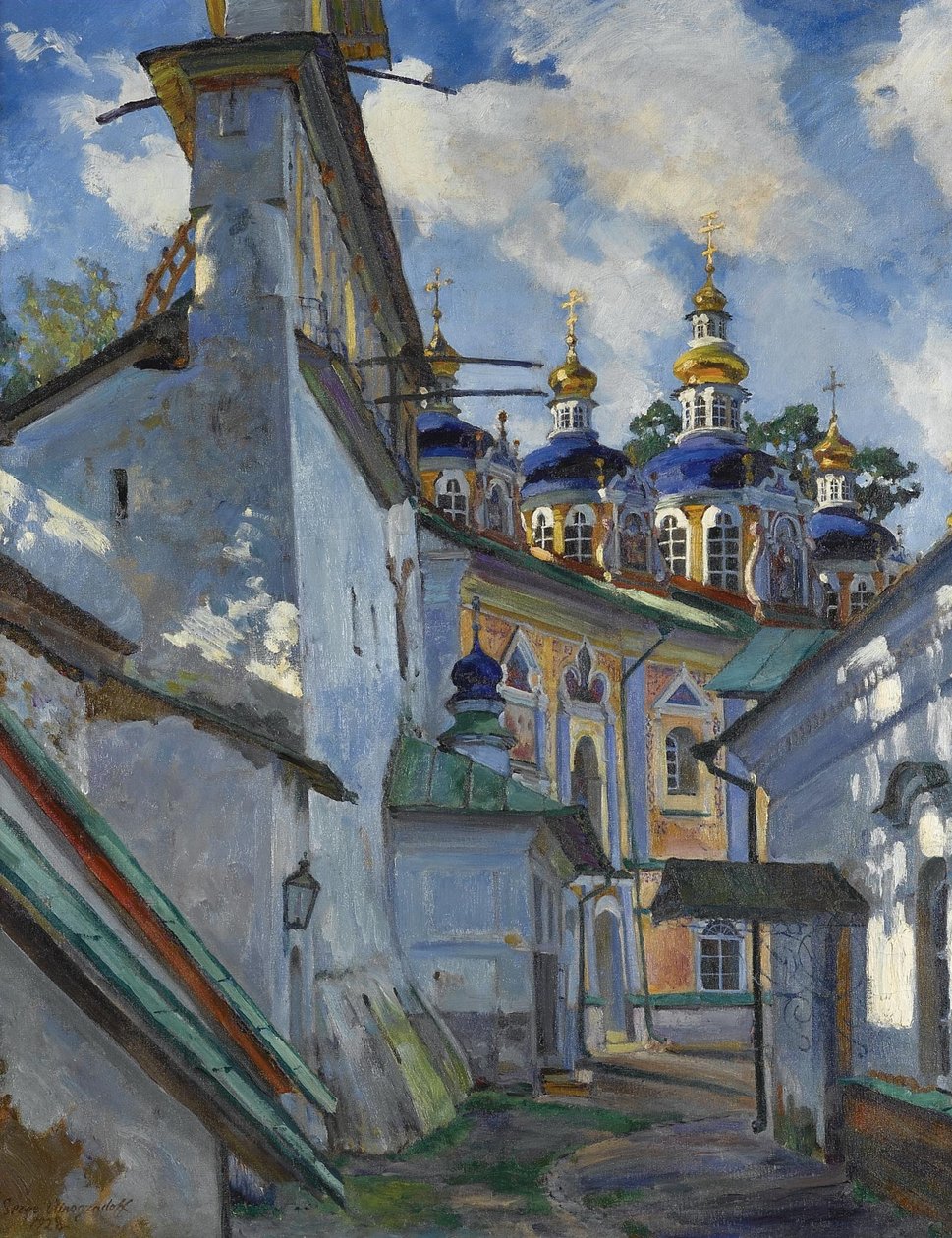 Udsigt over Pskovo-Pechersky-klosteret, 1928 af Sergei Arsenevich Vinogradov