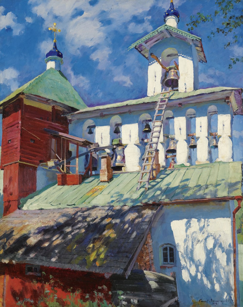 ""Udsigt over Klokketårnet af Pskov Caves Monastery (Pskov-Pechory Dormition Monastery Eller Pskovo-Pechersky) I Pechory, Rusland"" (Klokketårnet af Pskovo-Pechersky Monastery) Maleri af Sergei Vinogradov (1869-1938) - 1929 - Olie på lærred søn 8 af Sergei Arsenevich Vinogradov