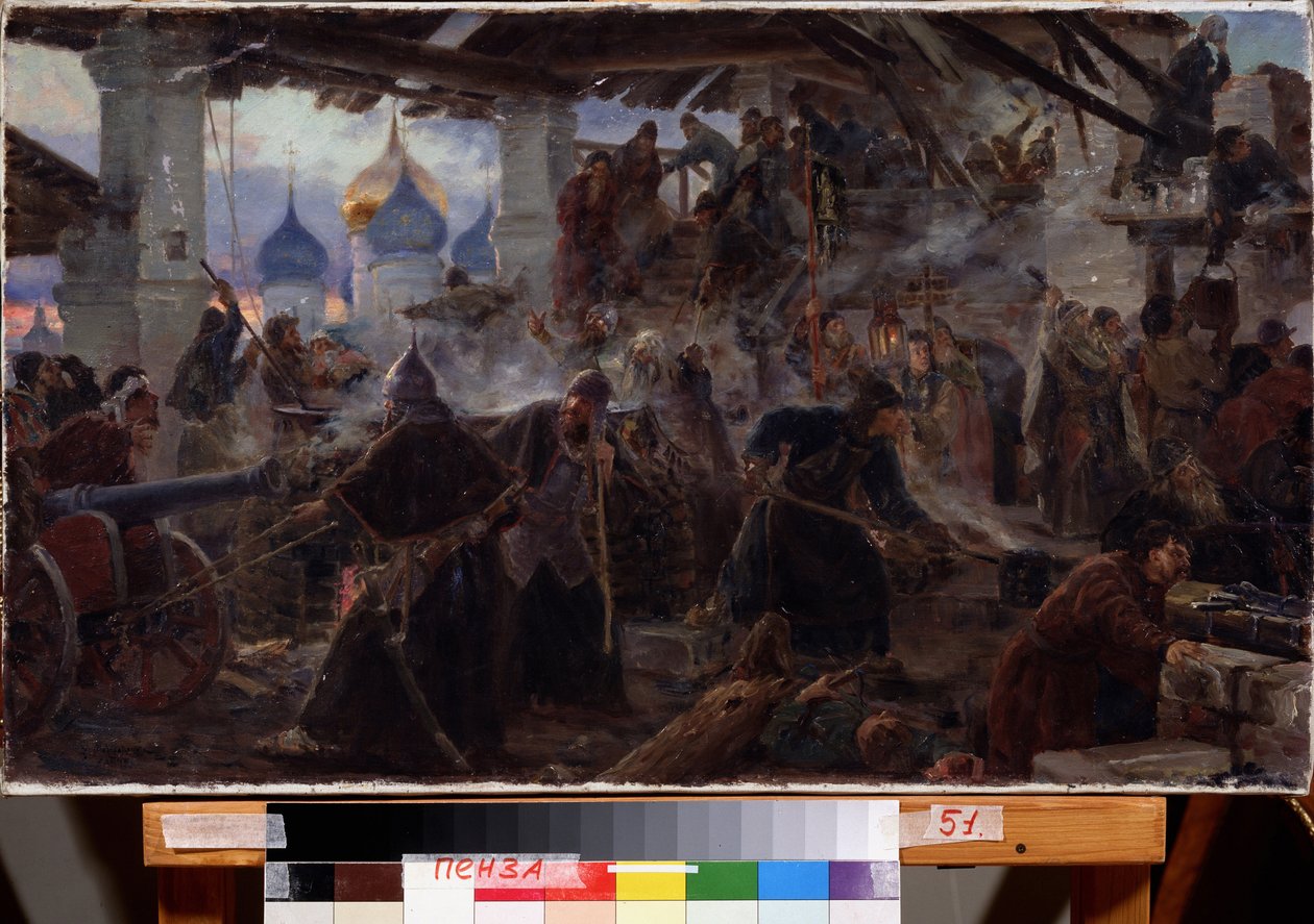 Sædet for klostret Lavra af Treenigheden Saint Serge (Trinite-Saint-Serge) i Sergiev Posad (Rusland). (Belejringen af ​​Treenigheden Sergius Lavra i Sergiev Posad). Kampscene i problemernes tid (1598-1613) og den dynastiske krise, der rystede af Sergei Dmitrievich Miloradovich