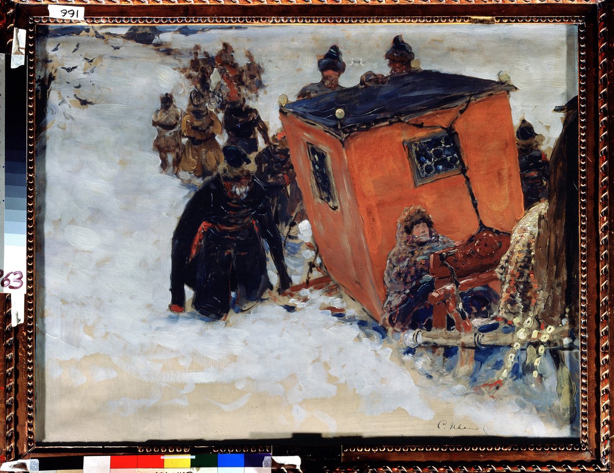 Kanen lukker boyarer (boiard, boiar) (russiske aristokrater) (Bojarens lukkede slæde). Værk af Sergei Vasilyevich Ivanov (1864-1910), olie på papir af Sergei Ivanovich Gribkov