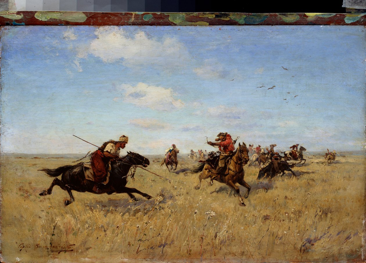 Kamp mellem Dnepr-kosakker og tatarer - Maleri af Sergei Ivanovich Vasilkovsky (1854-1917), olie på lærred af Sergei Ivanovich Vasilkovsky
