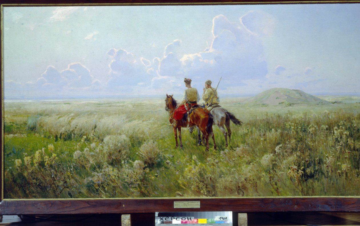 Kosakker i Steppen (Kosakker i Steppen) - Maleri af Sergei Ivanovich Vasilkovsky (1854-1917), olie på lærred, omkring 1900 - Regionalt kunstmuseum, Kherson (Ukraine) af Sergei Ivanovich Vasilkovsky