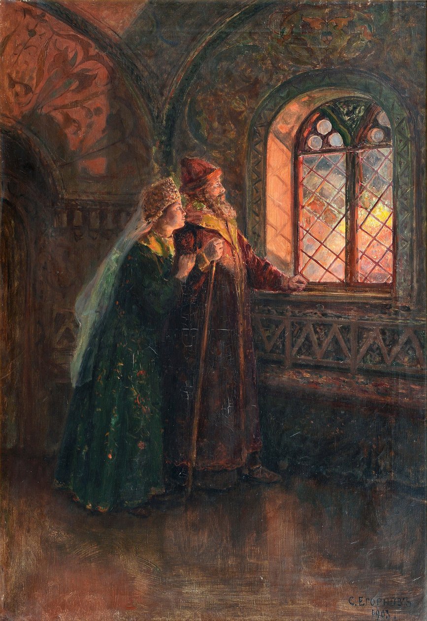 Zar Alexei Mikhailovich og Maria Miloslavskaya under Moskvas brand, 1903 af Sergei Semyonovich Yegornov